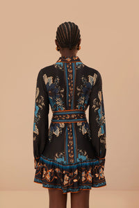 Robe courte Blossom Tapestry à manches longues - Noir