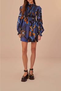 Robe courte à motif floral pietra en coton - Bleu