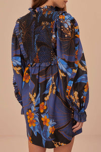 Robe courte à motif floral pietra en coton - Bleu