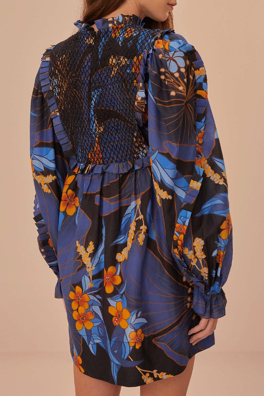 Robe courte à motif floral pietra en coton - Bleu