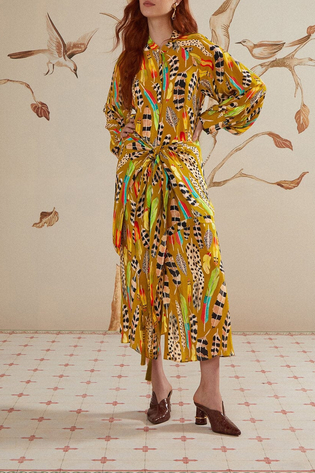 Robe midi à motif plumes d'amazone - Jaune