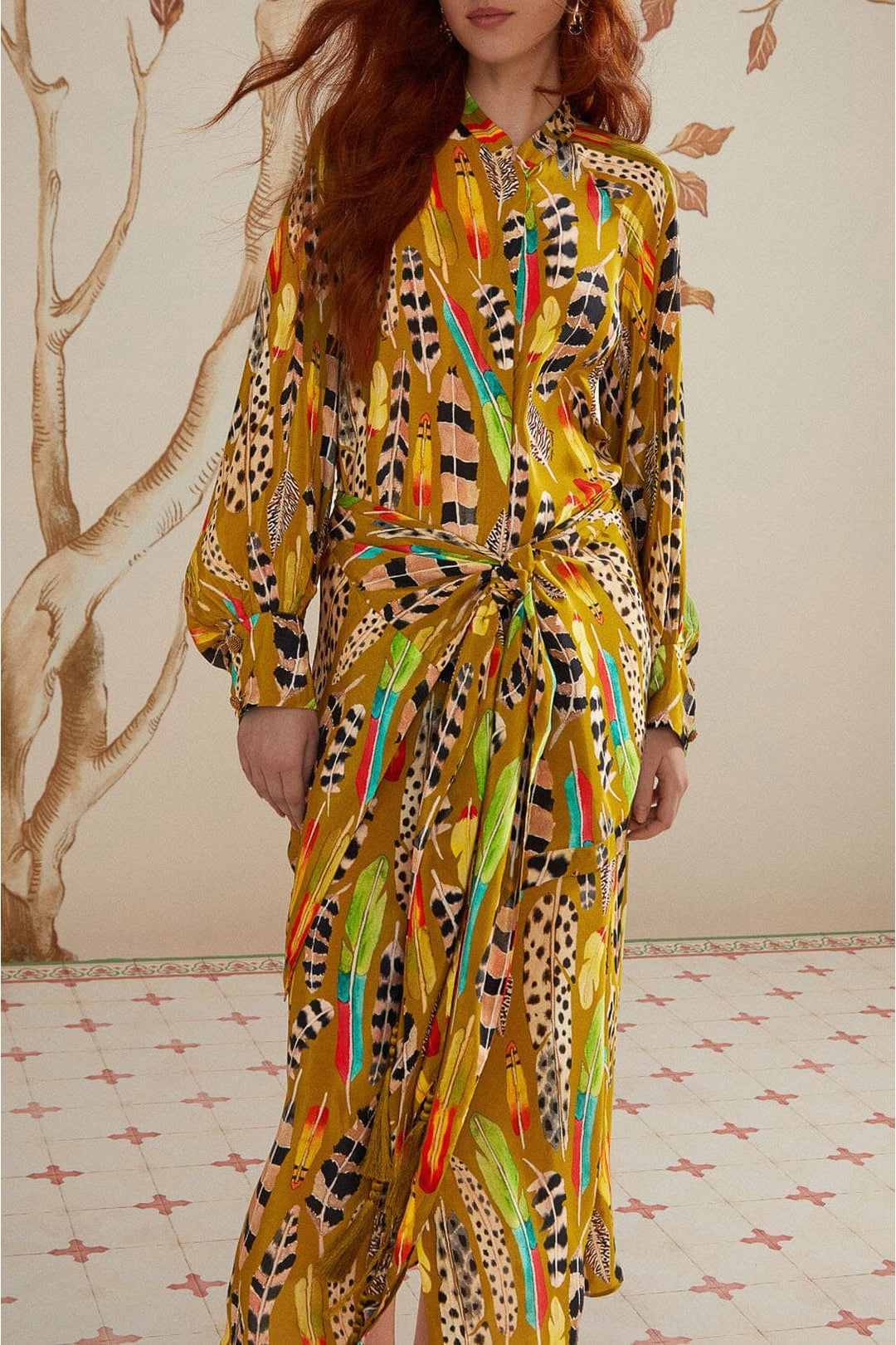 Robe midi à motif plumes d'amazone - Jaune
