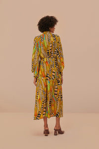Robe midi à motif plumes d'amazone - Jaune