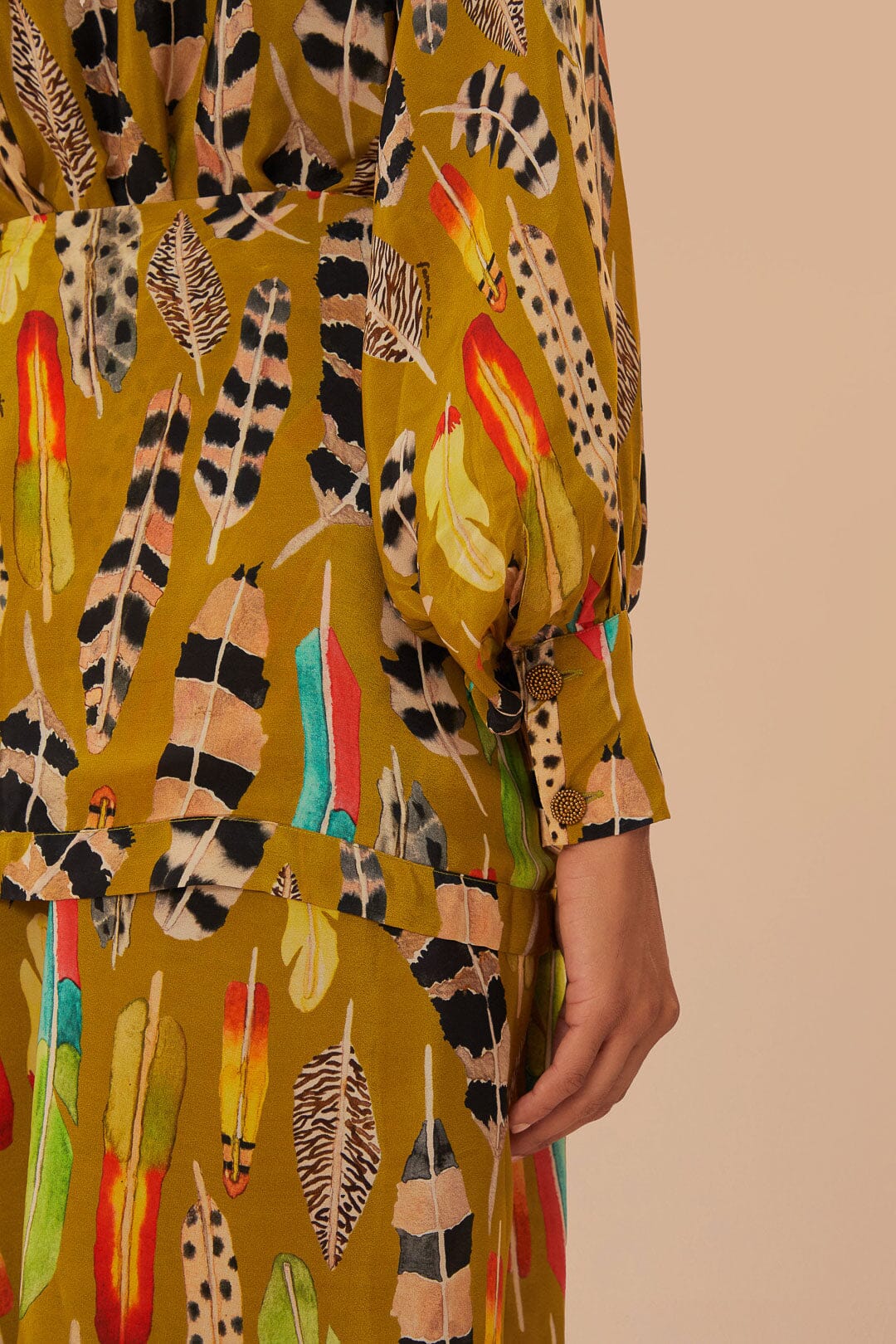 Robe midi à motif plumes d'amazone - Jaune