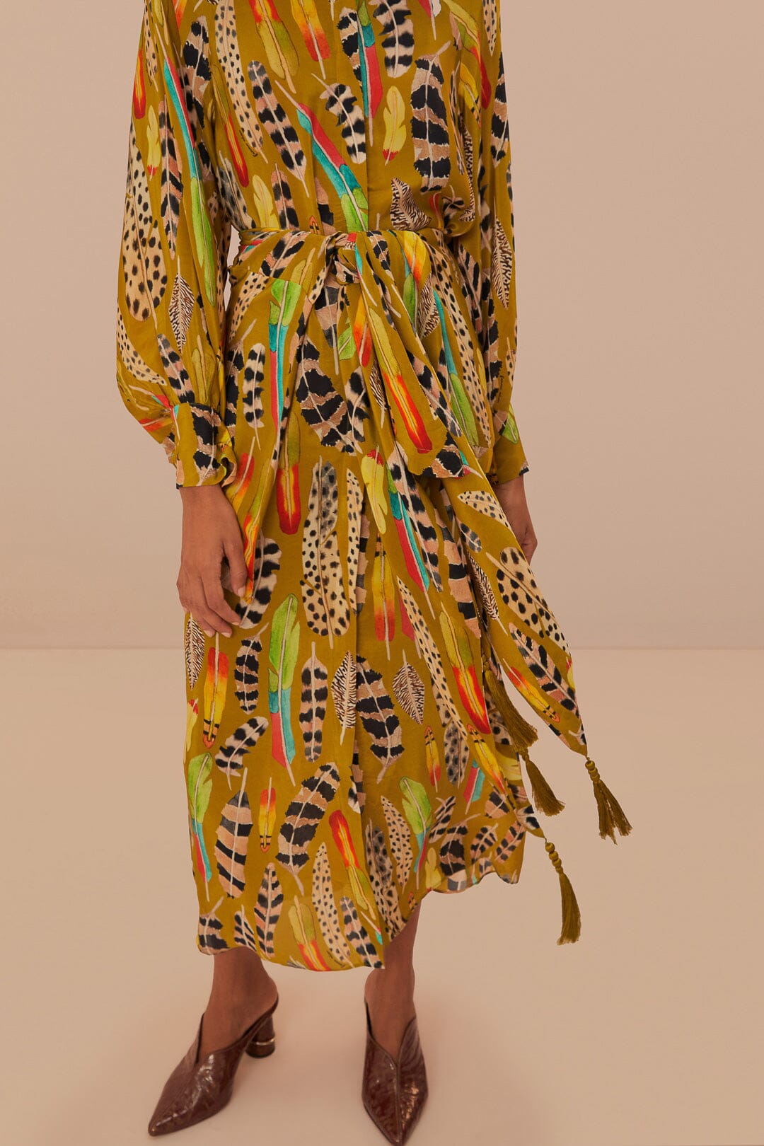Robe midi à motif plumes d'amazone - Jaune