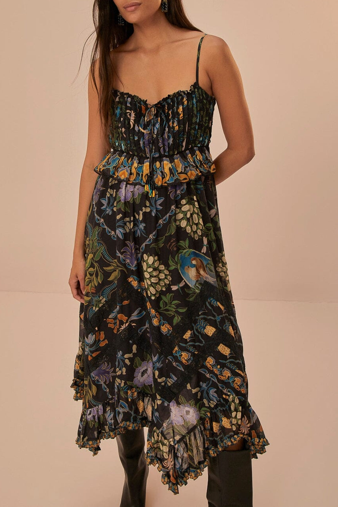 Robe midi Jardin d'hiver en dentelle plissée - Noir