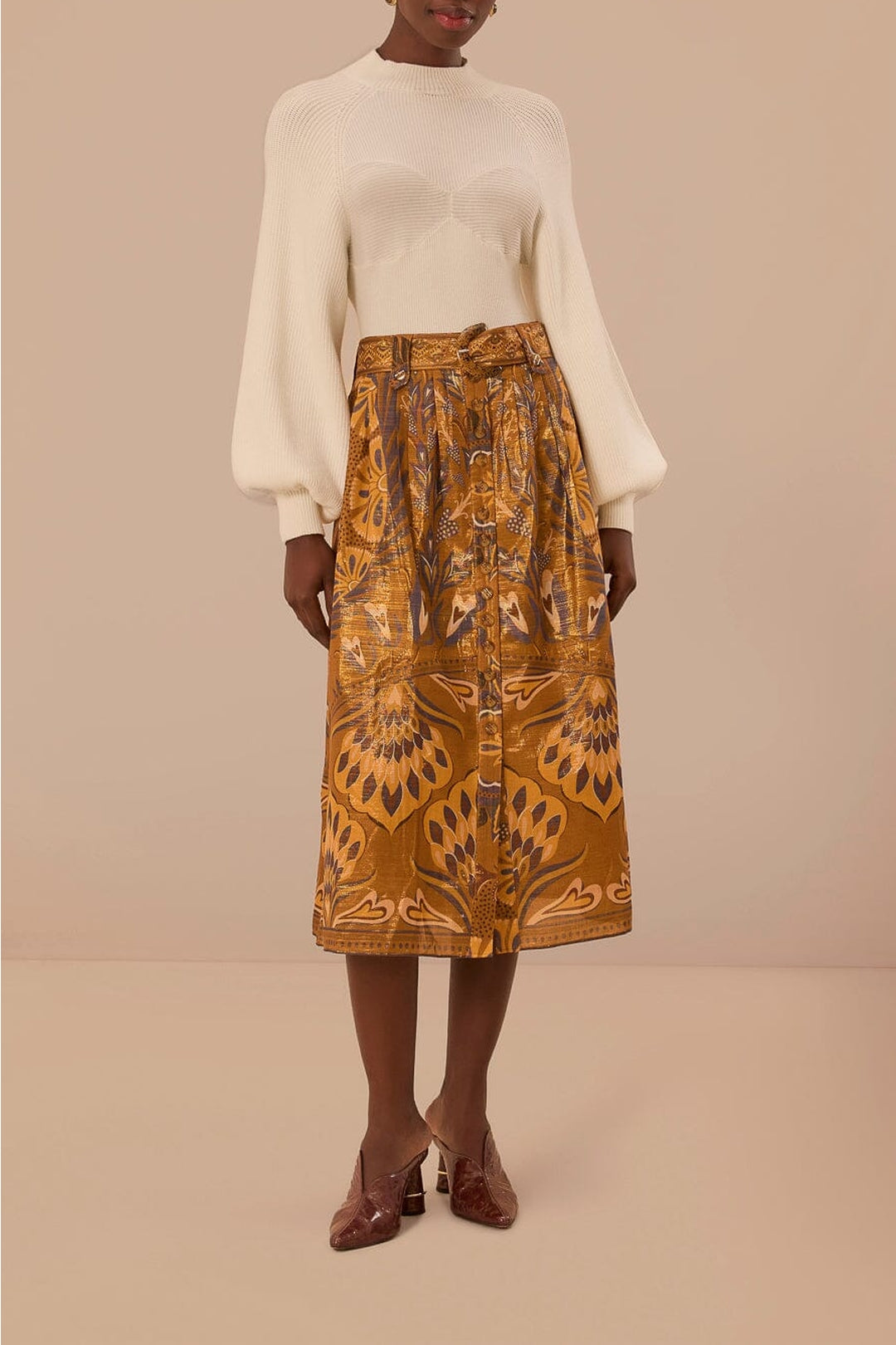 Jupe midi Heart Forest Gold en coton - Camel
