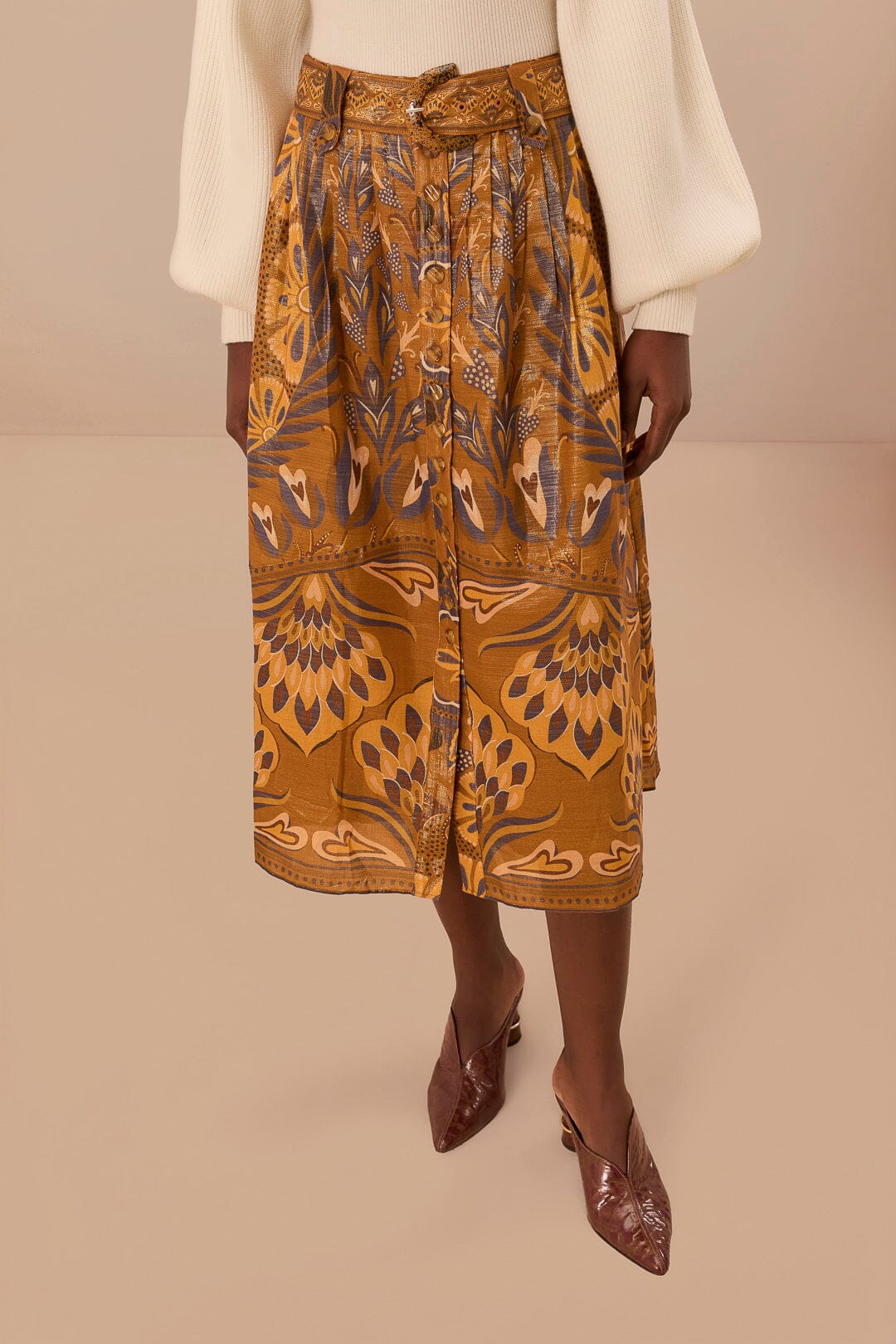 Jupe midi Heart Forest Gold en coton - Camel