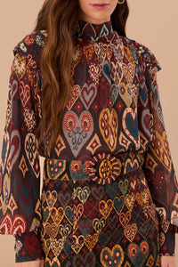 Blouse à motif ikat cœurs - Marron