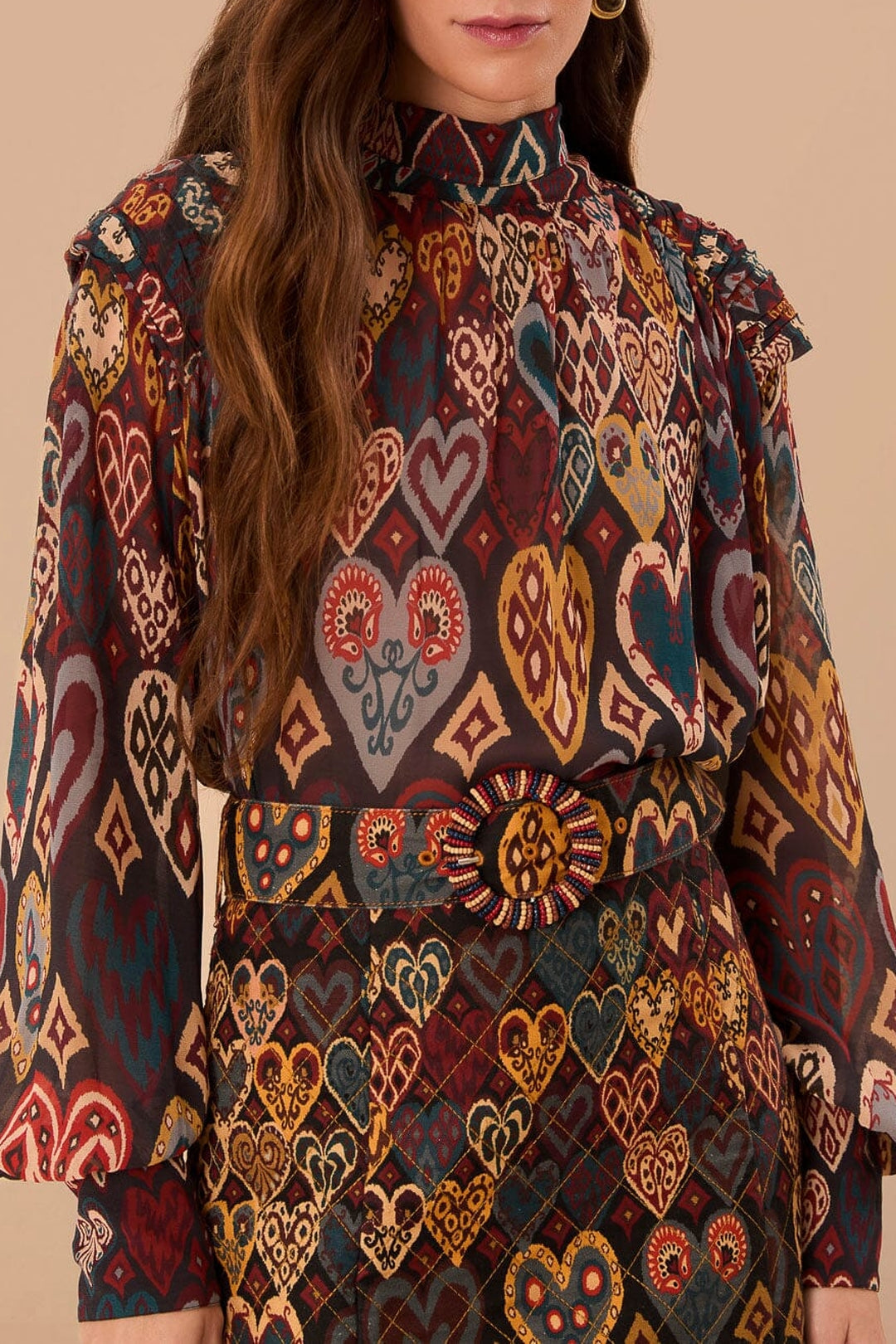 Blouse à motif ikat cœurs - Marron