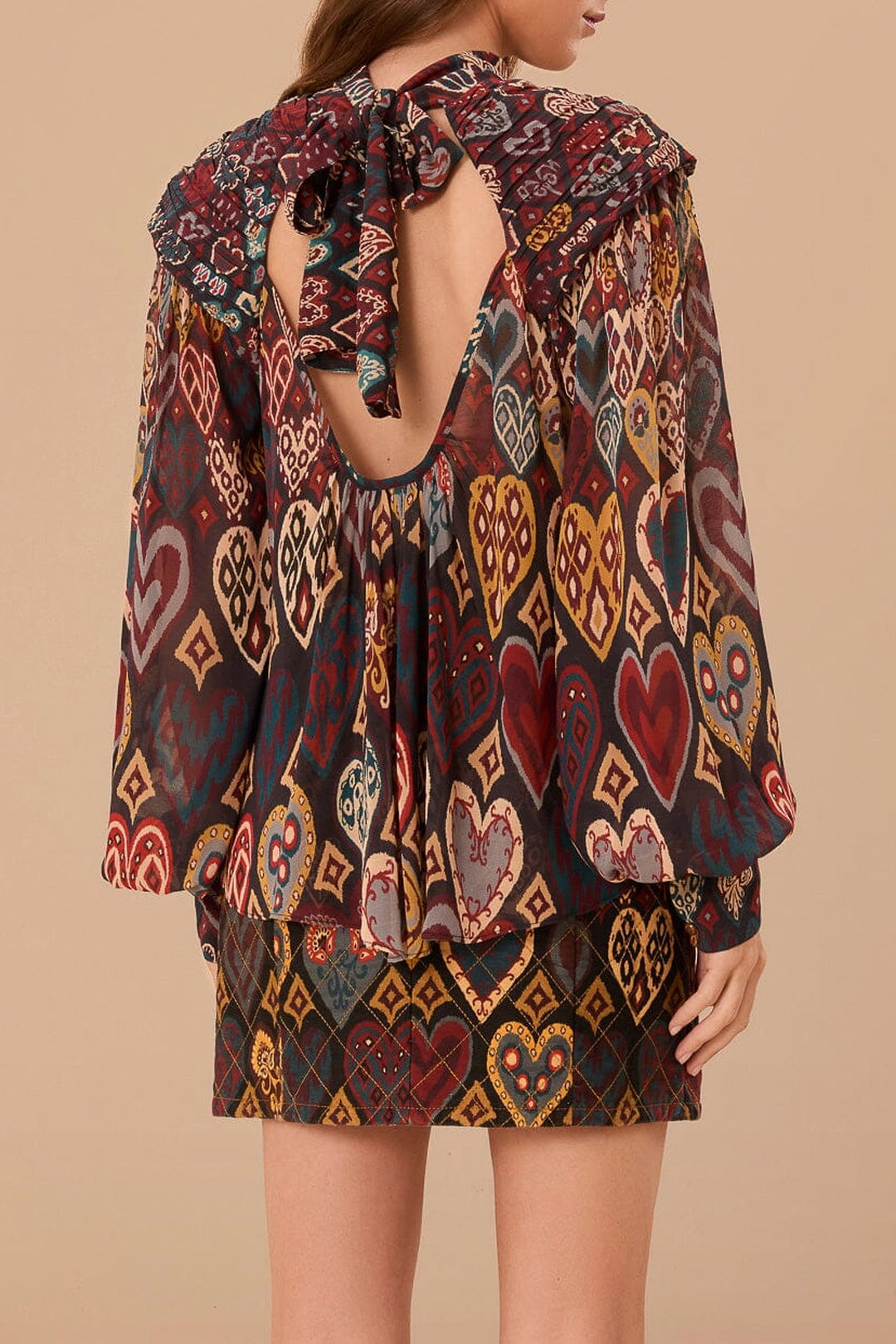 Blouse à motif ikat cœurs - Marron