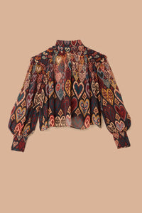 Blouse à motif ikat cœurs - Marron