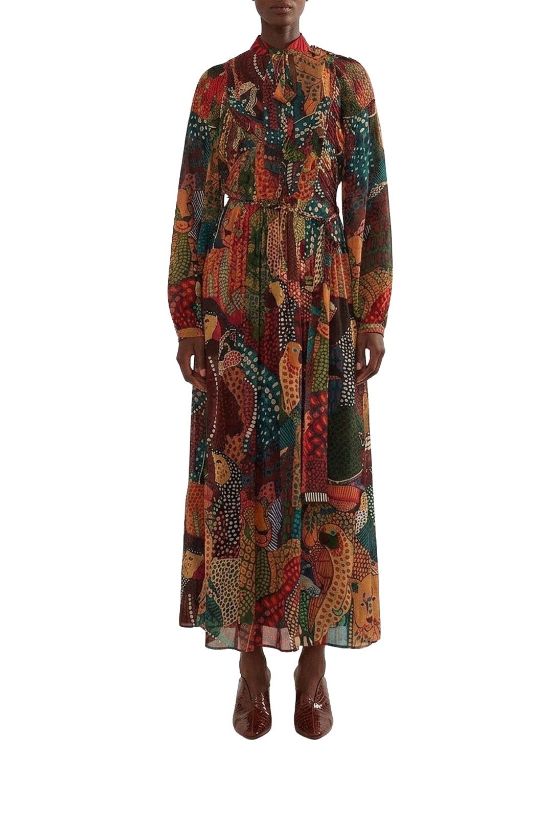 Robe longue Fauna Mix à encolure en V - Marron