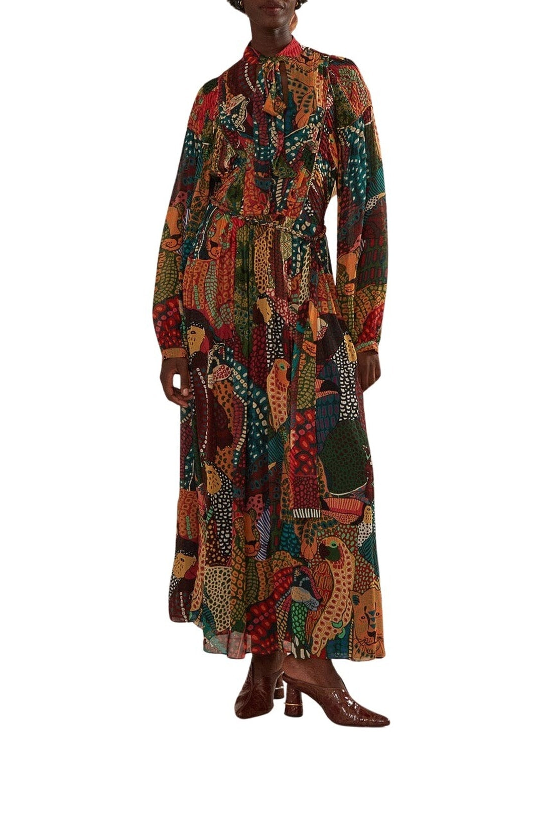 Robe longue Fauna Mix à encolure en V - Marron