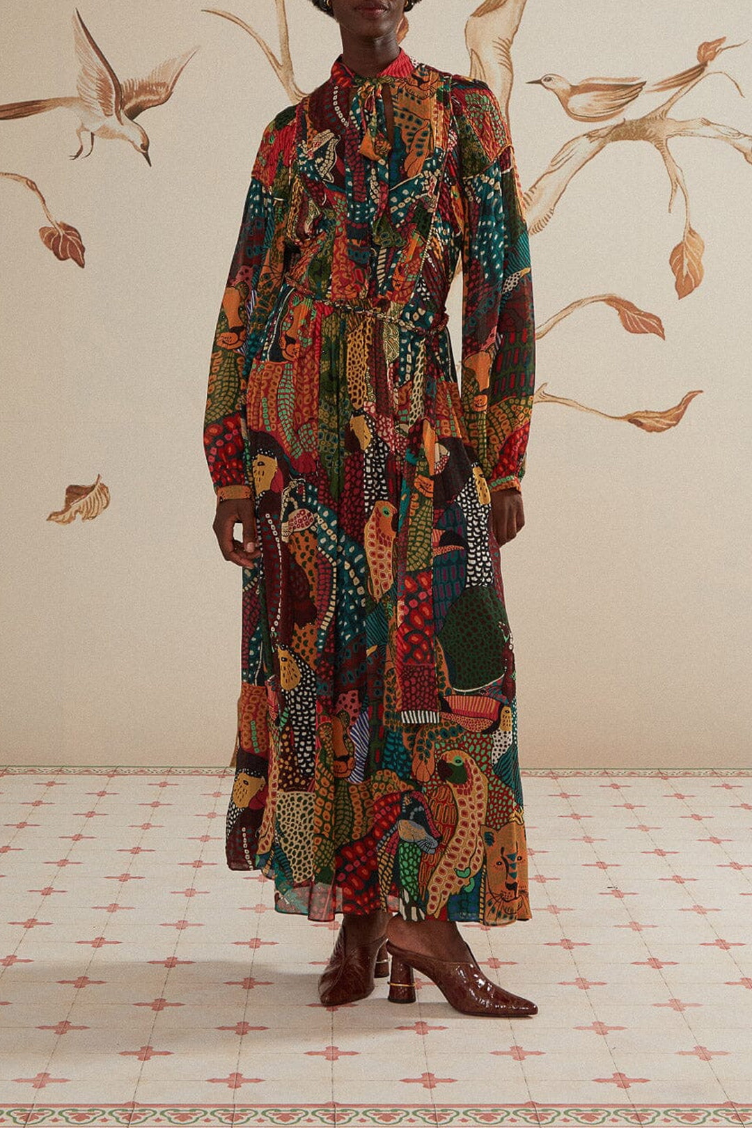 Robe longue Fauna Mix à encolure en V - Marron