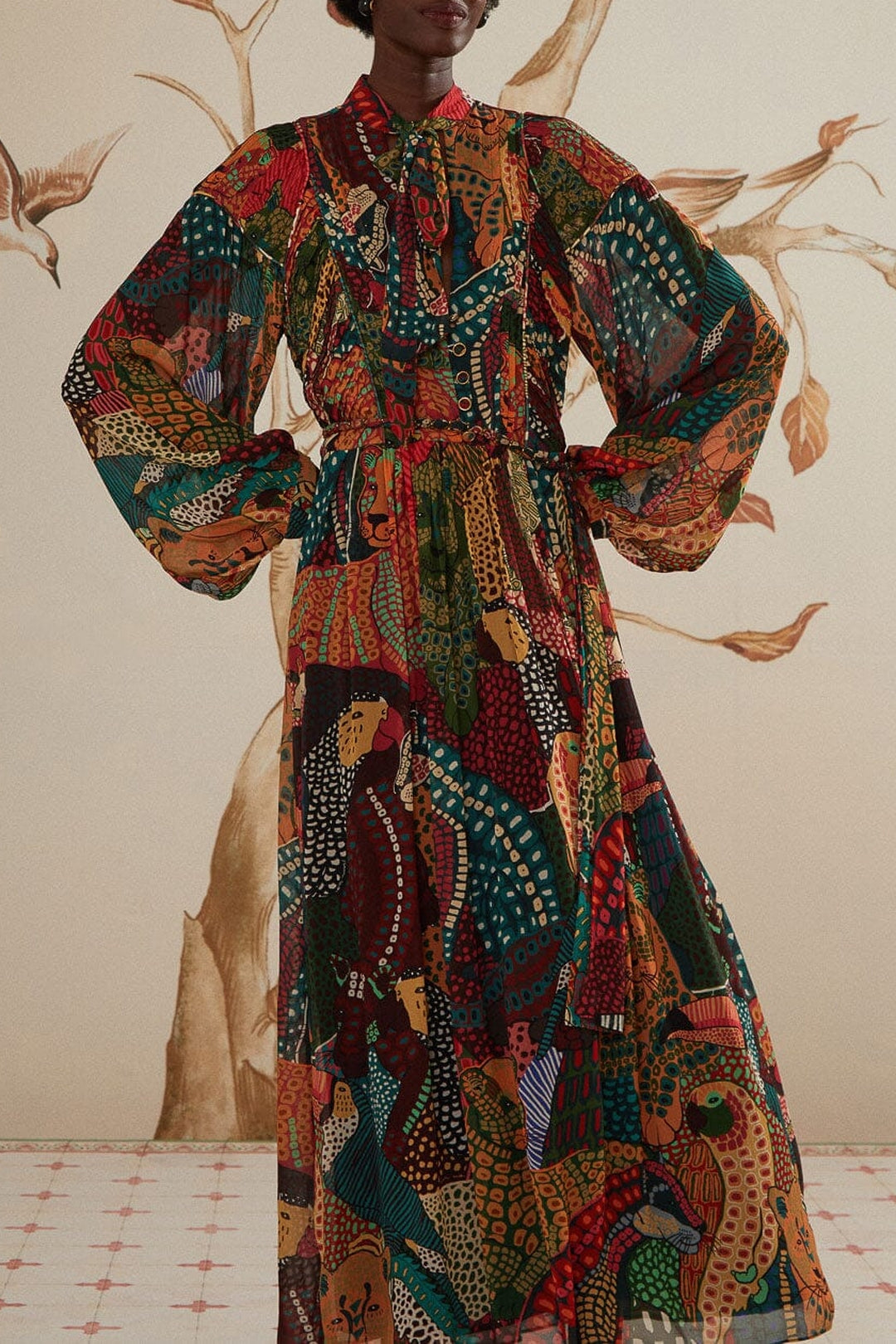 Robe longue Fauna Mix à encolure en V - Marron