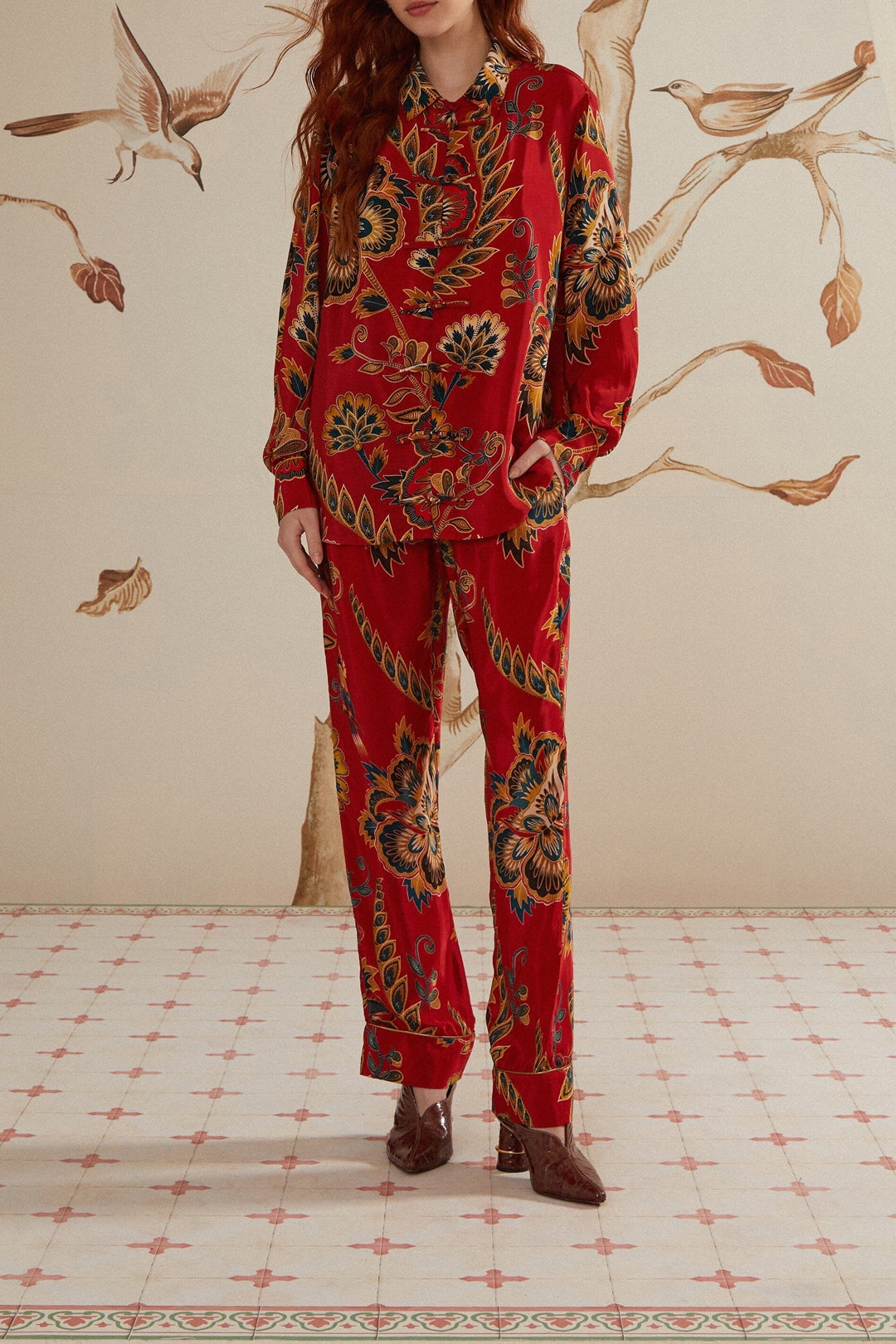 Pantalon long à fleurs - Rouge