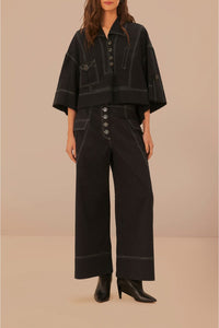 Stitched cotton low-rise trousers - Black