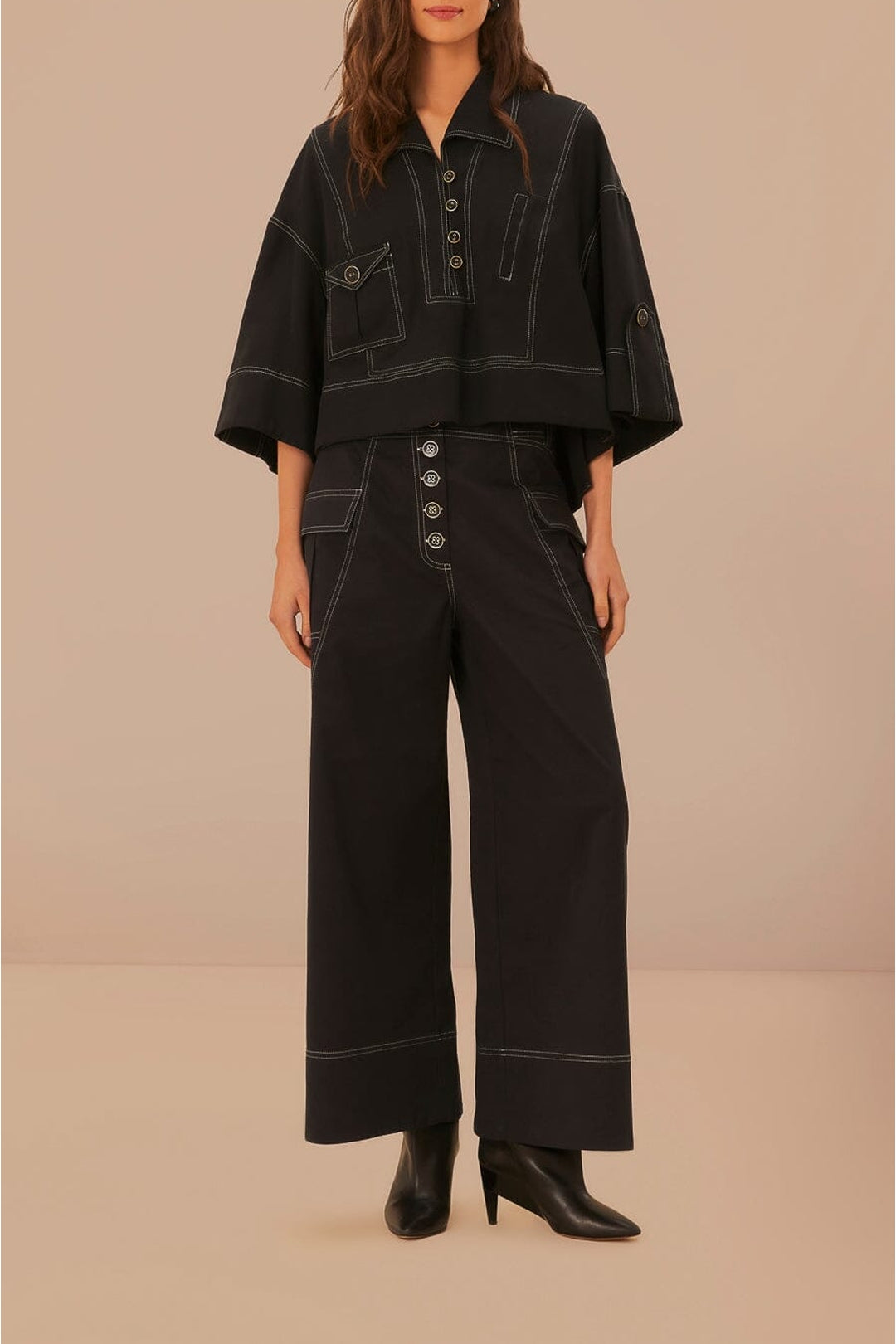 Stitched cotton low-rise trousers - Black