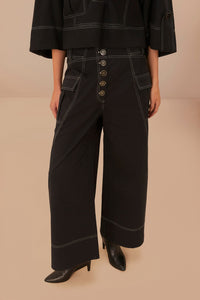 Stitched cotton low-rise trousers - Black