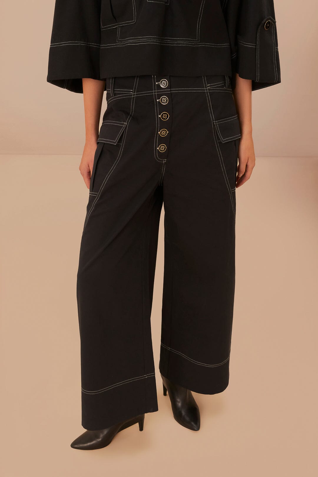 Stitched cotton low-rise trousers - Black