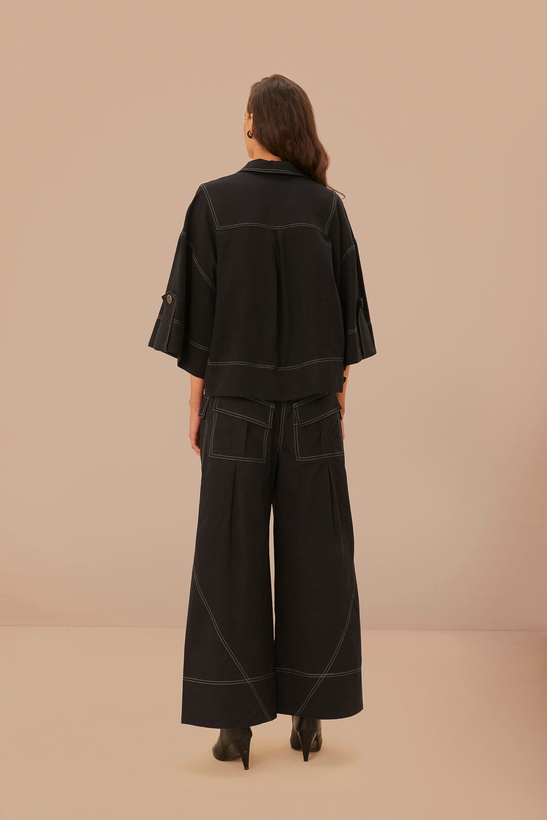 Stitched cotton low-rise trousers - Black