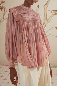 Blouse à manches longues et empiècement plissé en coton - Rose