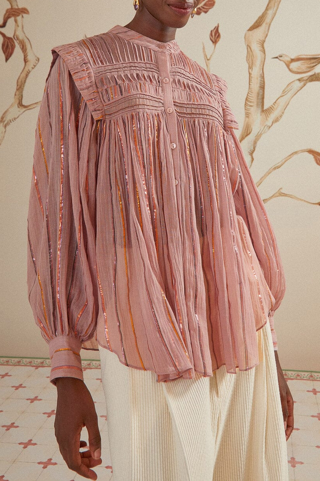 Blouse à manches longues et empiècement plissé en coton - Rose