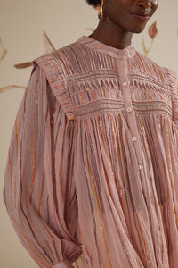 Blouse à manches longues et empiècement plissé en coton - Rose
