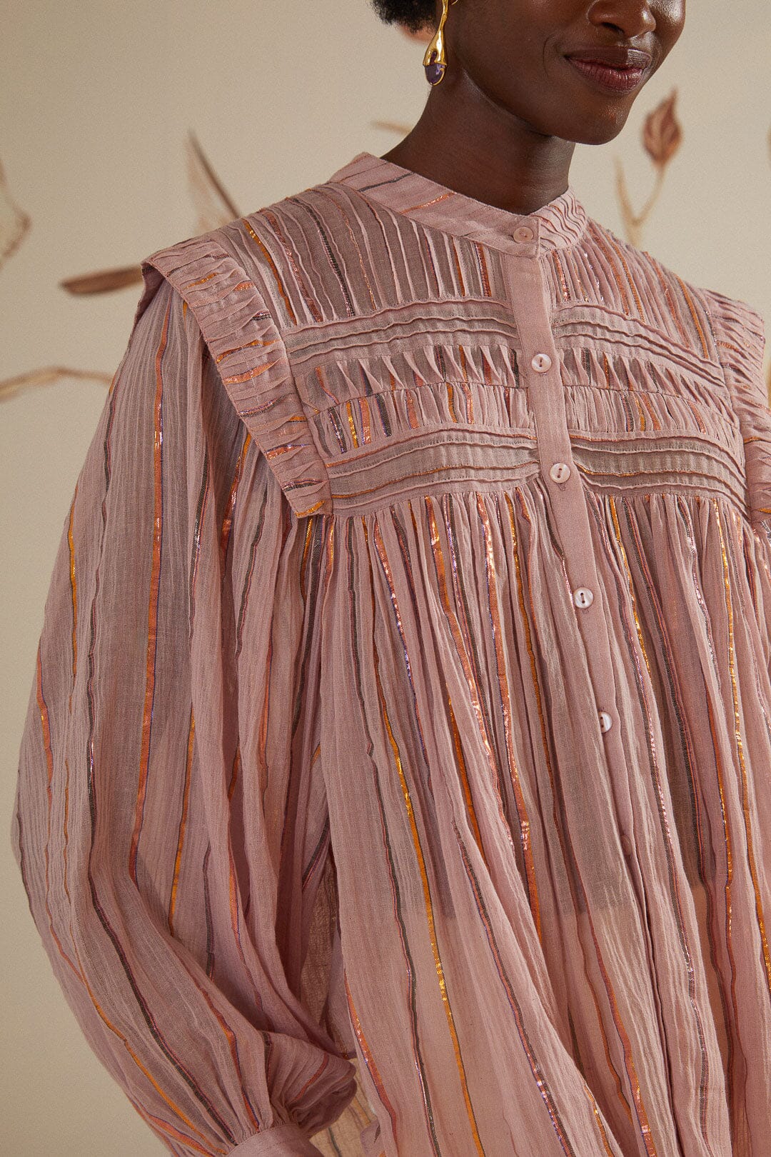 Blouse à manches longues et empiècement plissé en coton - Rose
