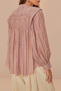 Blouse à manches longues et empiècement plissé en coton - Rose
