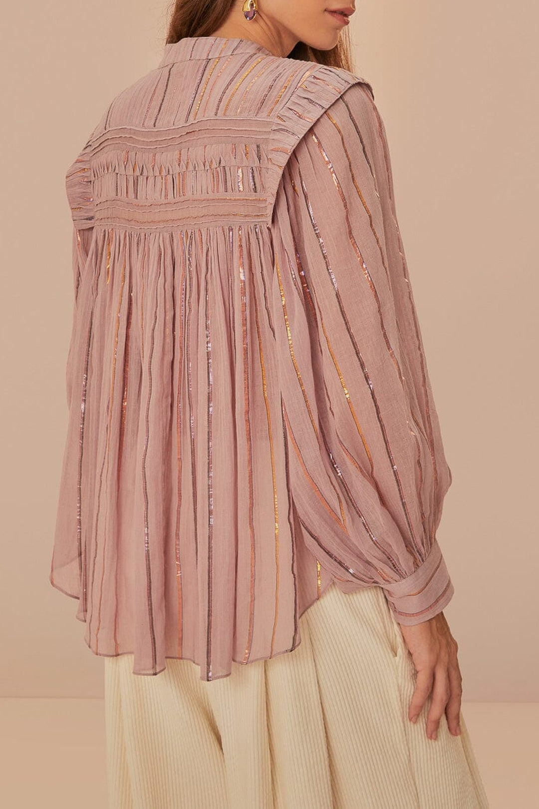 Blouse à manches longues et empiècement plissé en coton - Rose