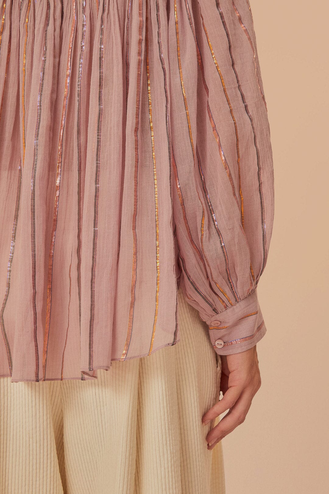 Blouse à manches longues et empiècement plissé en coton - Rose