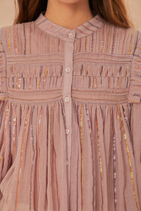 Blouse à manches longues et empiècement plissé en coton - Rose