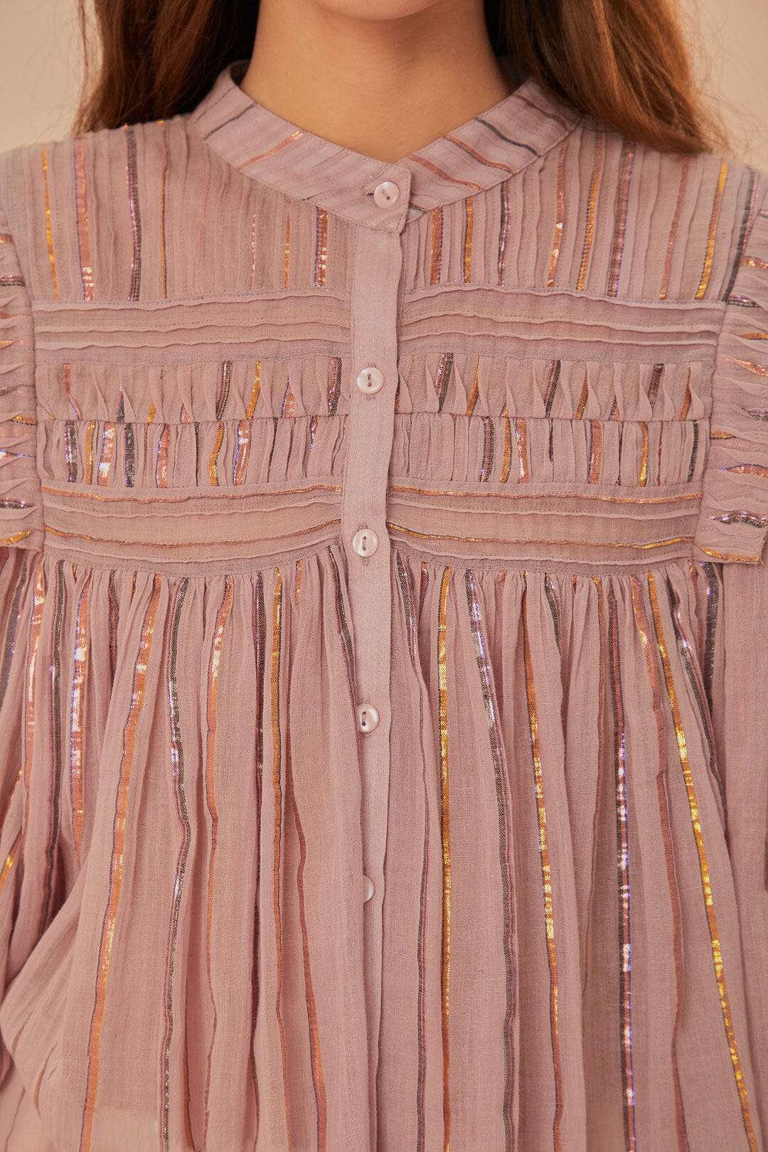 Blouse à manches longues et empiècement plissé en coton - Rose