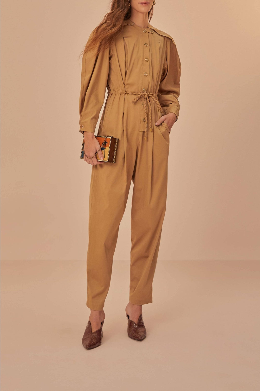 Raglan-sleeved jumpsuit in cotton - Brown