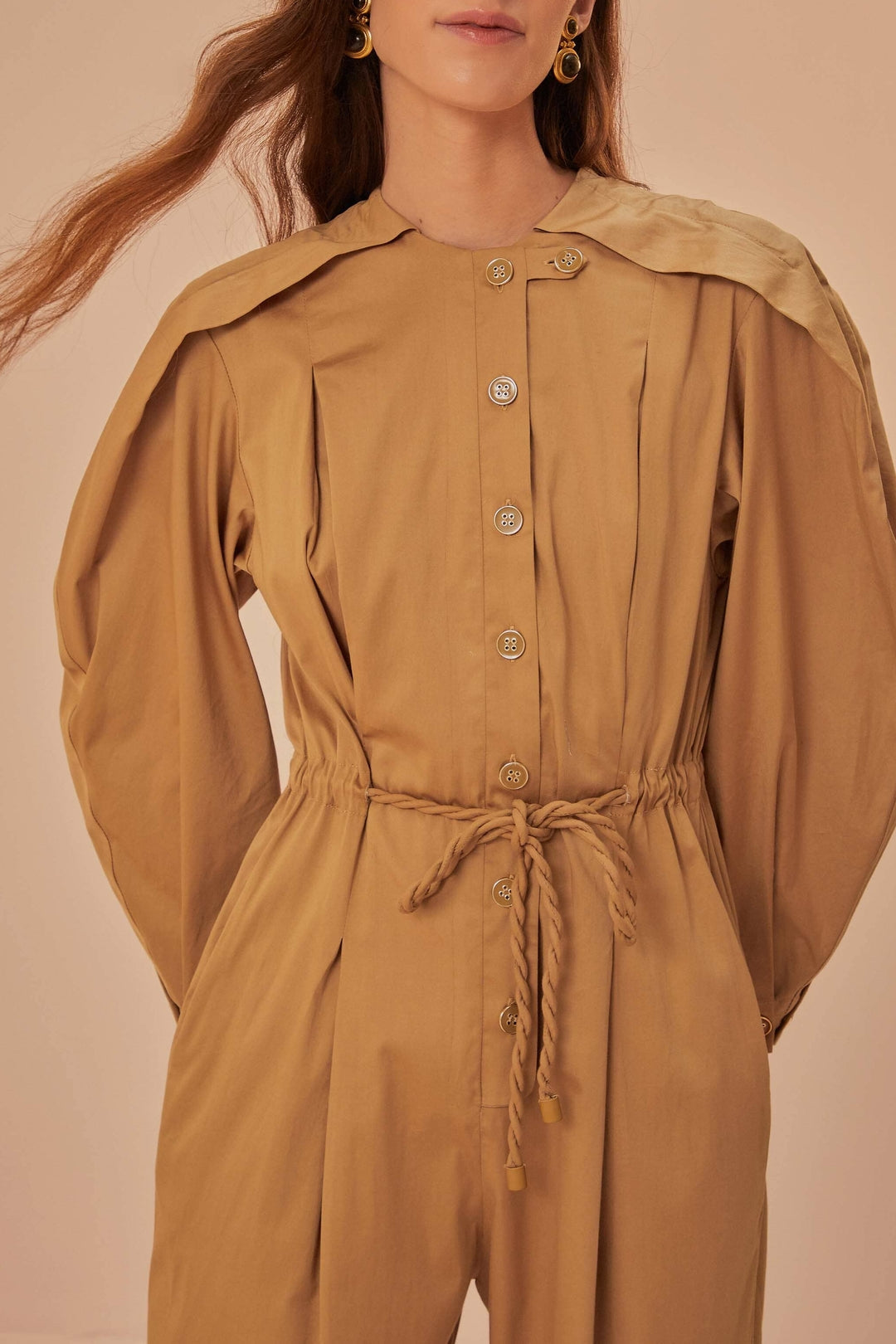 Raglan-sleeved jumpsuit in cotton - Brown