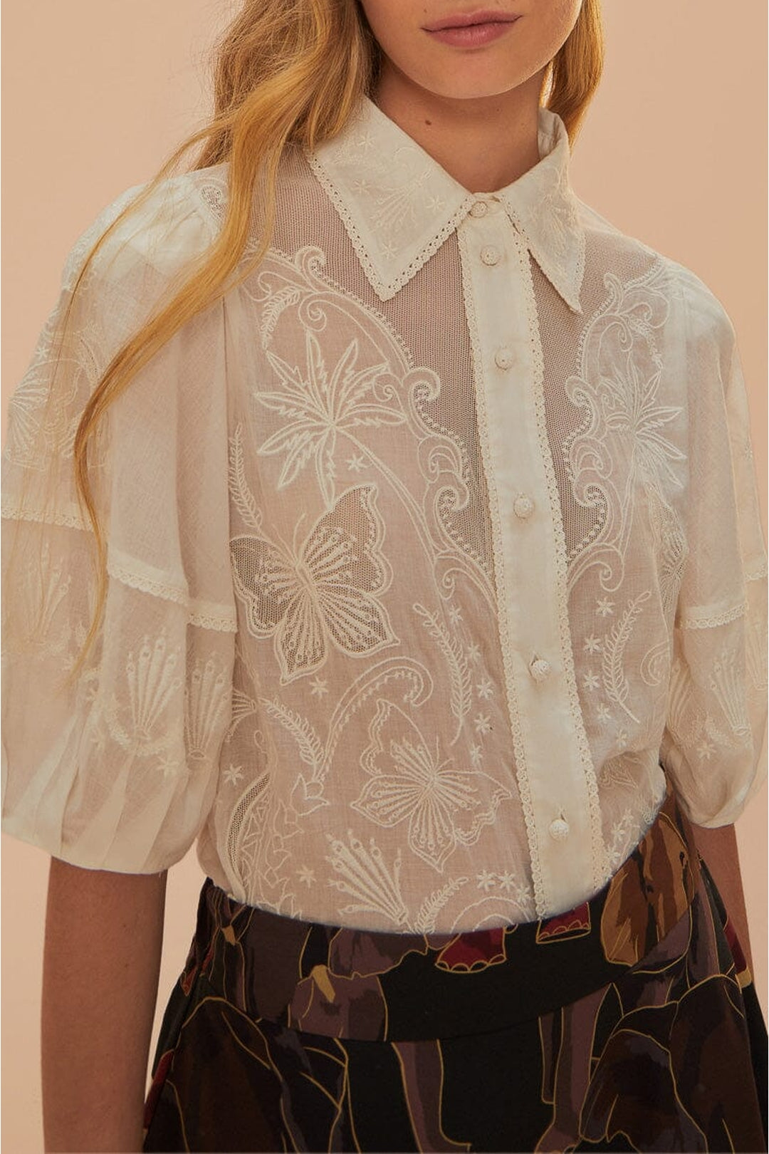 Blouse brodée à manches courtes en coton - Blanc