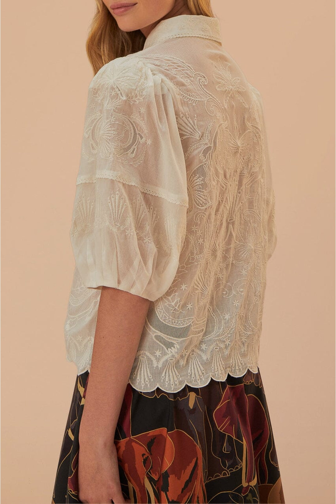 Blouse brodée à manches courtes en coton - Blanc