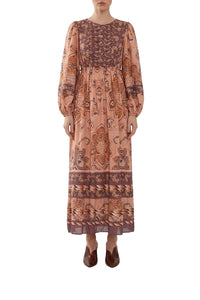 Glam Tapestry long-sleeved midi dress in cotton - Bordeaux