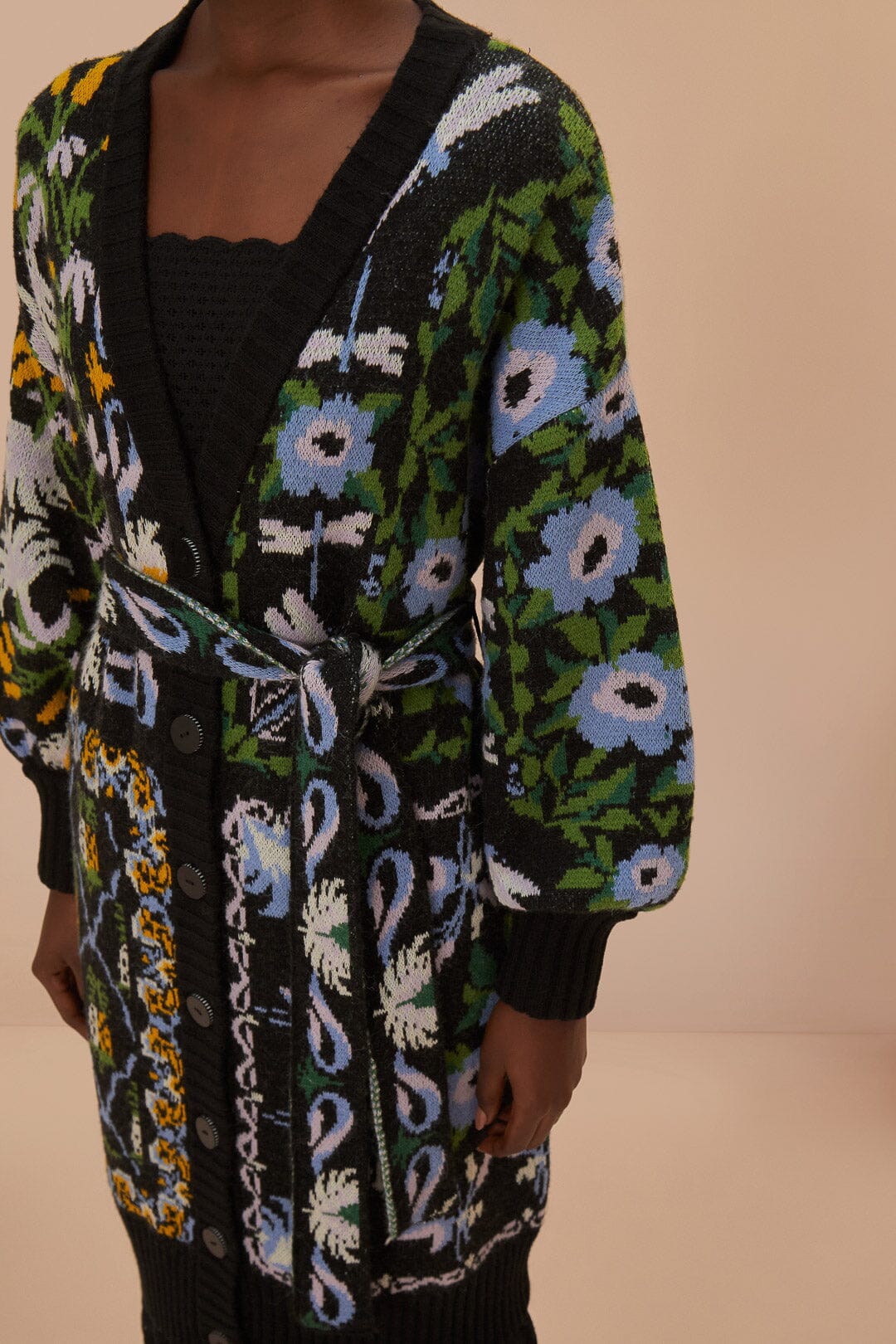 Cardigan Winter Garden mi-long en maille - Noir