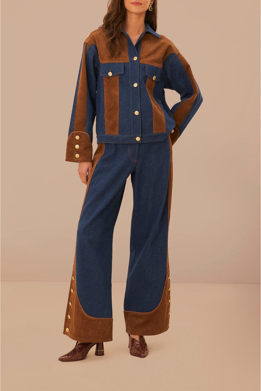 Pantalon large taille basse en denim - Marron