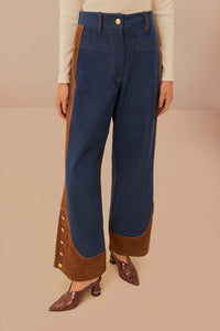 Pantalon large taille basse en denim - Marron