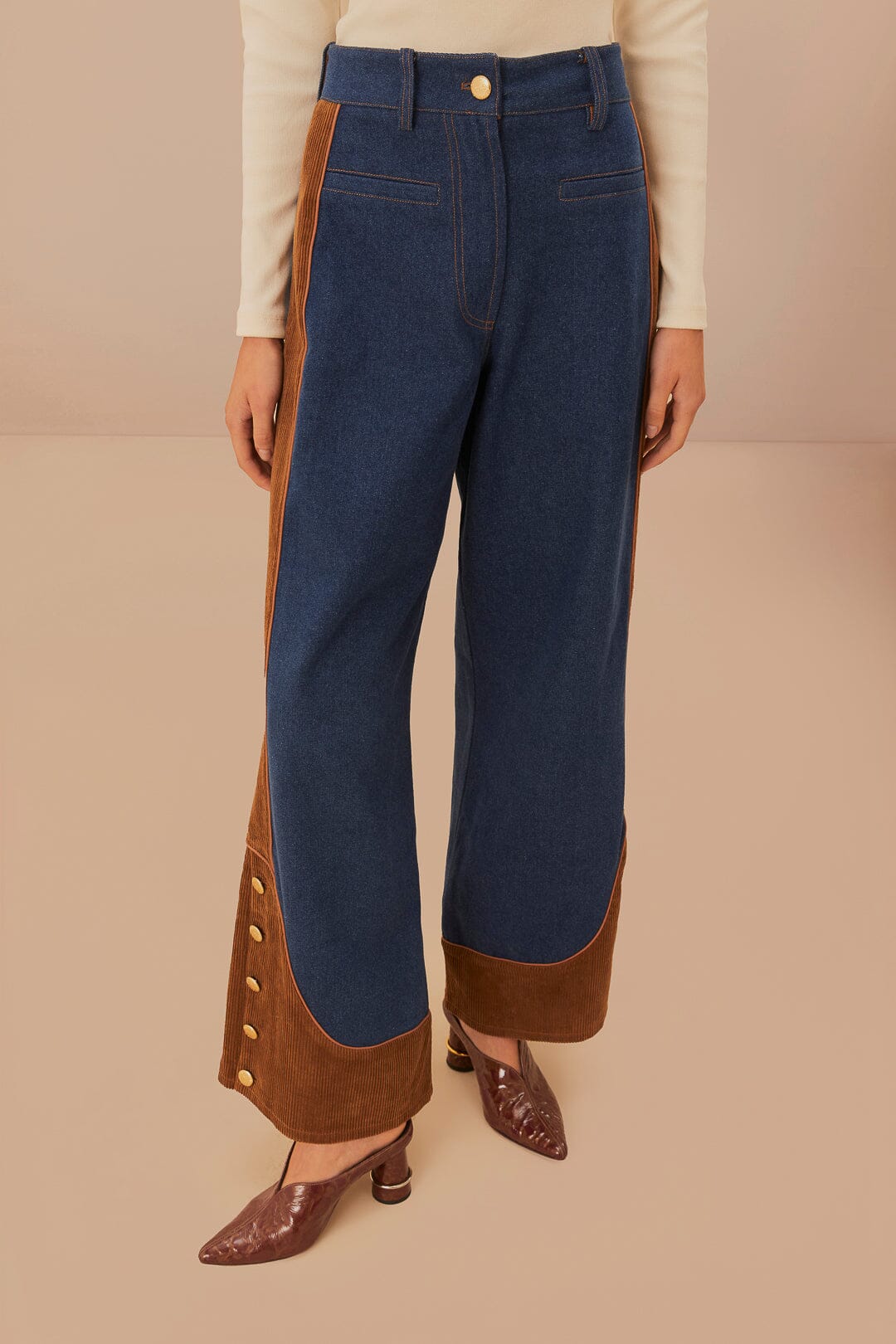 Pantalon large taille basse en denim - Marron