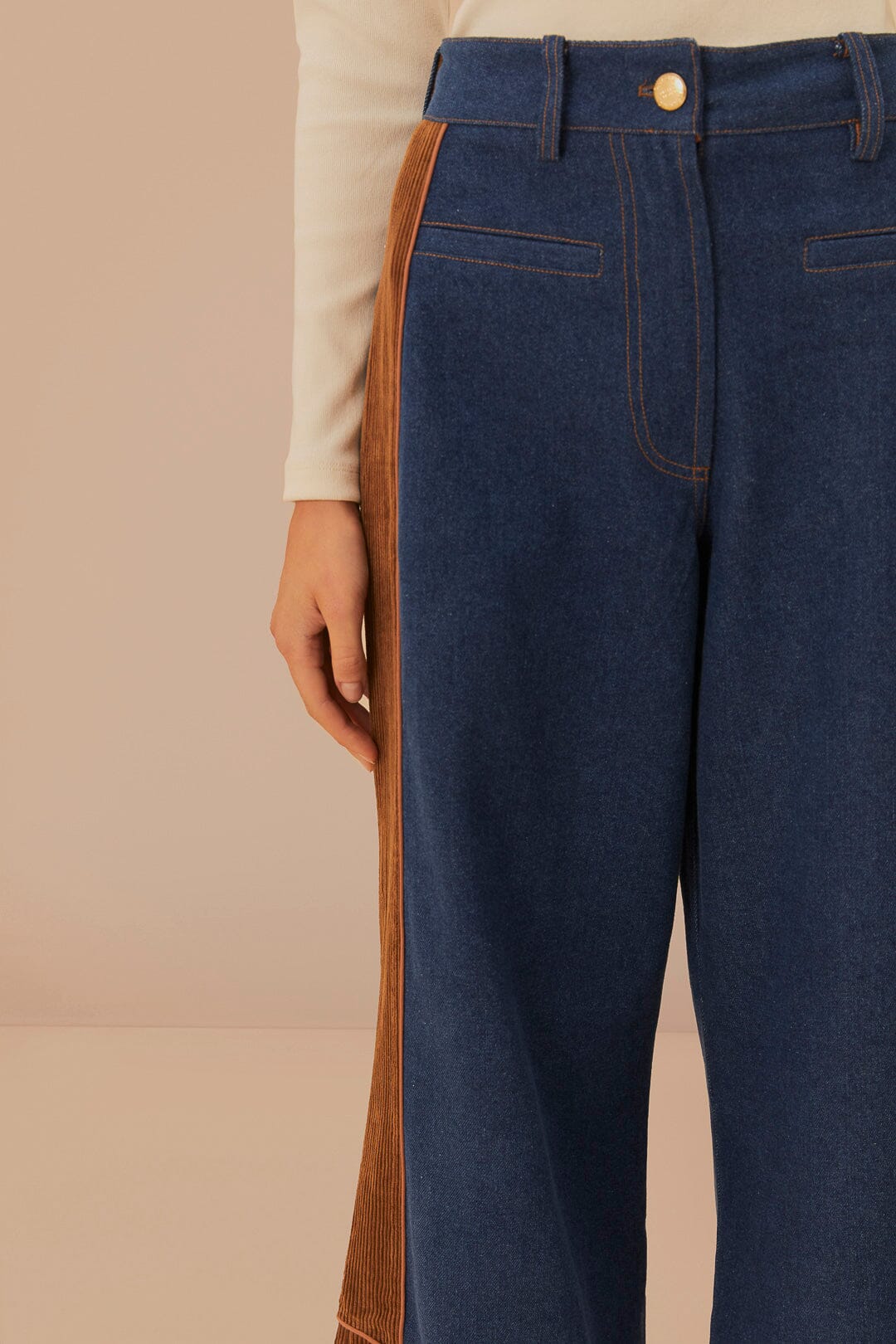 Pantalon large taille basse en denim - Marron