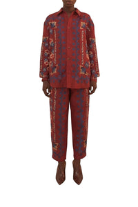 Pantalon à broderie florale en jacquard de lin - Bordeaux
