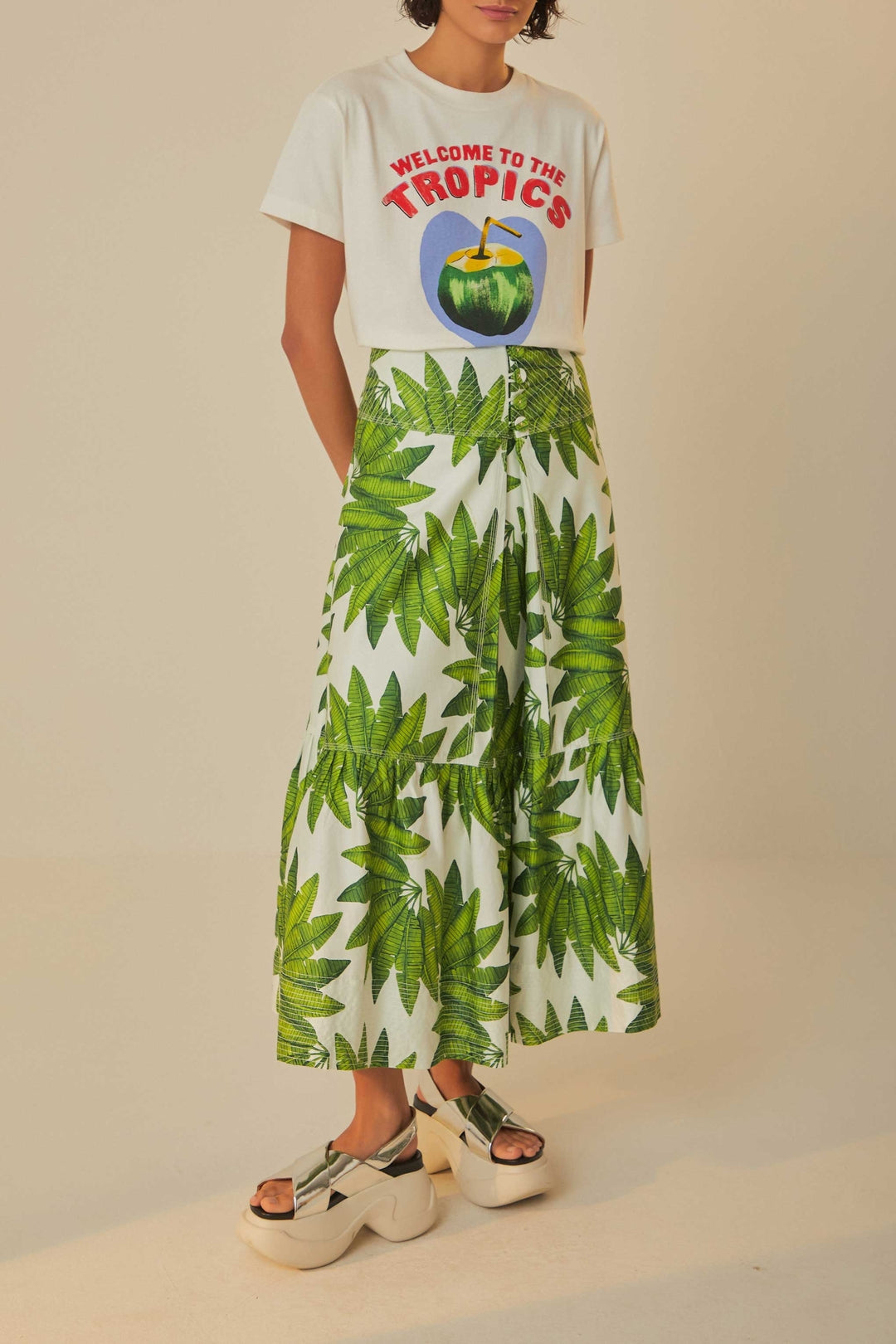 MEDIA OFF LINE_Jupe longue Palm Fan en coton - Vert