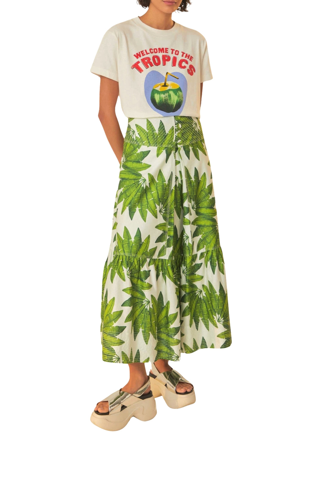 MEDIA OFF LINE_Jupe longue Palm Fan en coton - Vert