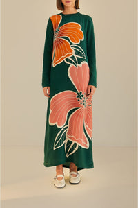 Robe longue à manches longues et motif fleurs Honolulu - Vert