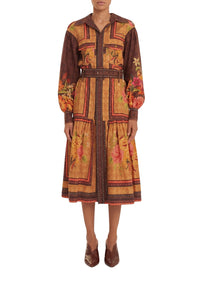 Robe midi Charming Garden à manches longues en coton - Orange